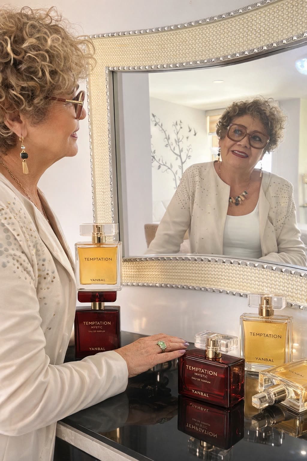 Blanca con los perfumes Temptation de Yanbal frente al espejo