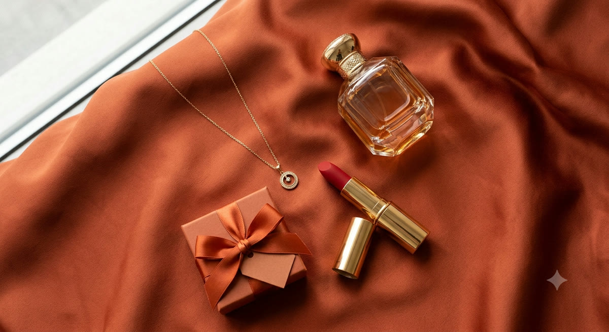 Perfume, joyería, labial y caja de regalo Yanbal sobre seda terracota